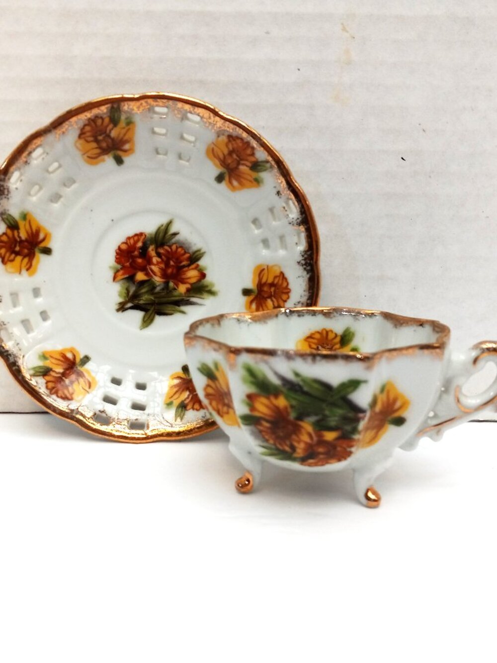 Vintage Trimont Ware Japan Three Footed Tea Cup Cutout Lattice Saucer Yellow
